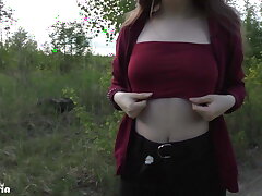 Doggystyle Fucked Girl Walking in the Forest with Empty Tits